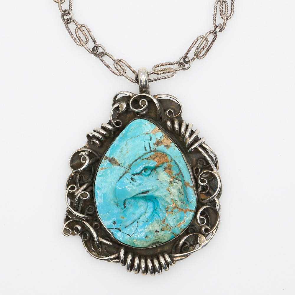 Vintage Navajo Gary Edwards Sterling Carved Turquoise Eagle Pendant Necklace